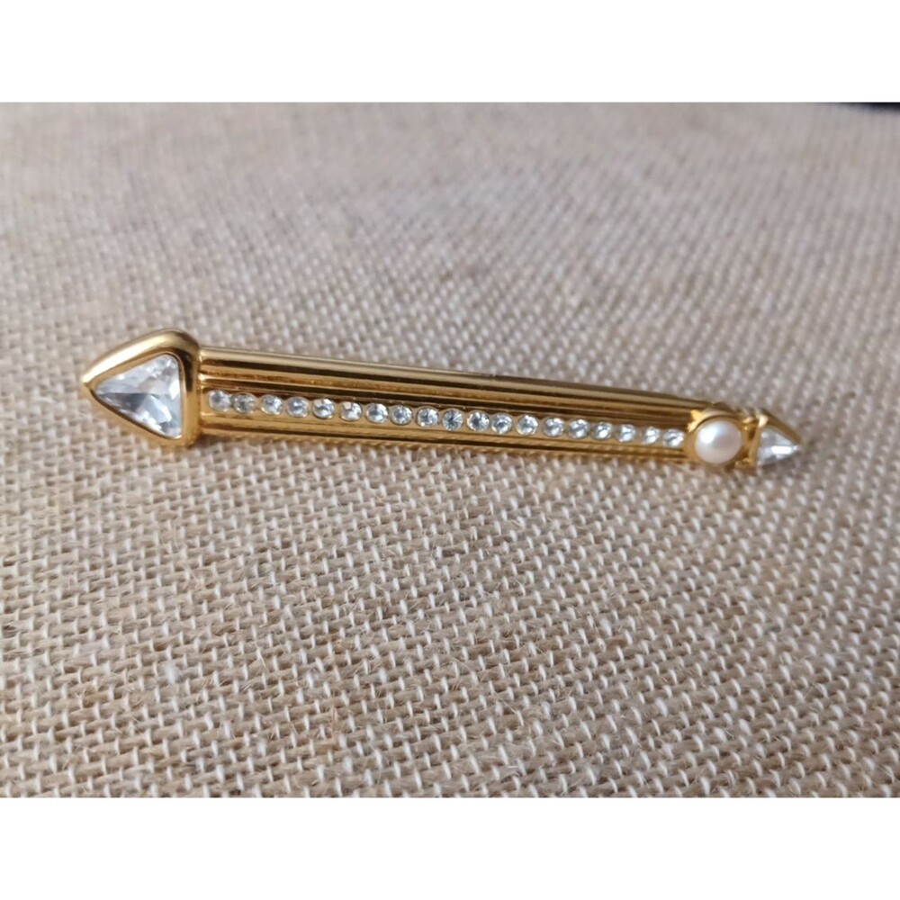 MONET Crystal Pearl Rhinestone Arrow Lapel Bar Pin Brooch